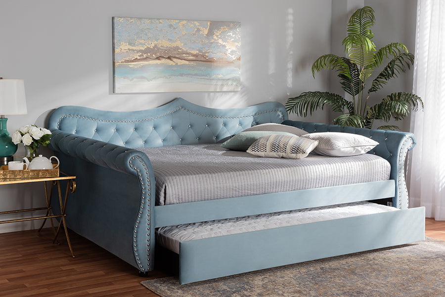 Baxton Studio Abbie Traditional and Transitional Light Blue Velvet Fabric Upholstered and Crystal Tufted Queen Size Daybed with Trundle