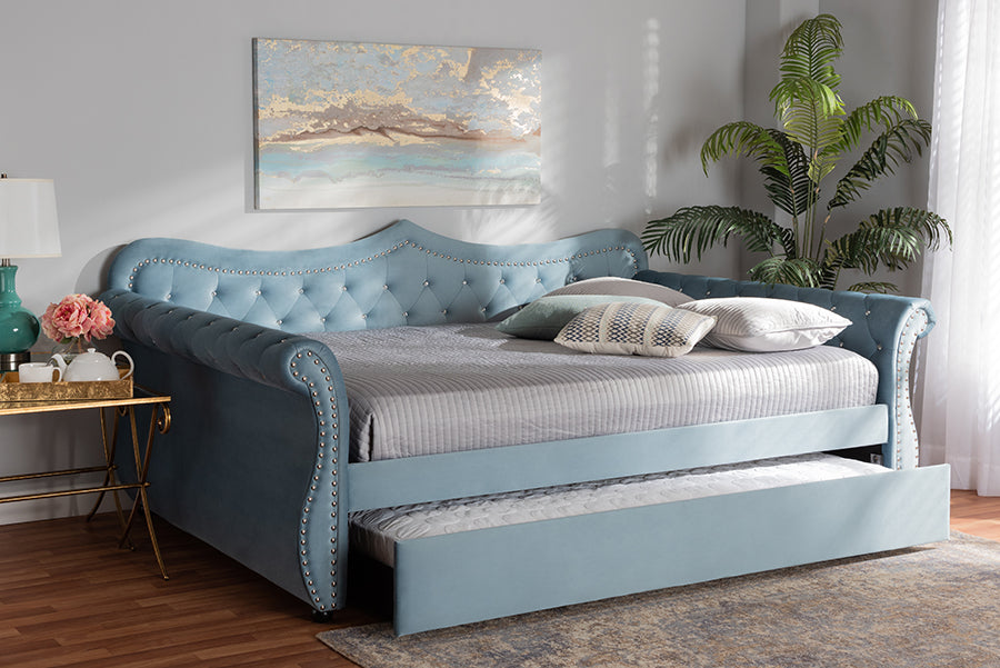 Baxton Studio Abbie Traditional and Transitional Light Blue Velvet Fabric Upholstered and Crystal Tufted Queen Size Daybed with Trundle