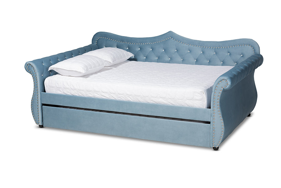 Baxton Studio Abbie Traditional and Transitional Light Blue Velvet Fabric Upholstered and Crystal Tufted Queen Size Daybed with Trundle