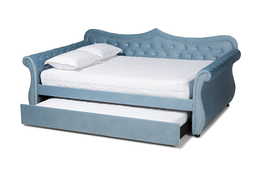 Baxton Studio Abbie Traditional and Transitional Light Blue Velvet Fabric Upholstered and Crystal Tufted Queen Size Daybed with Trundle