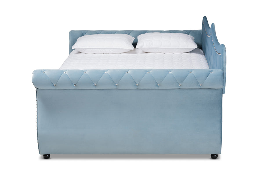 Baxton Studio Abbie Traditional and Transitional Light Blue Velvet Fabric Upholstered and Crystal Tufted Queen Size Daybed with Trundle