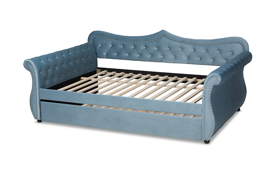 Baxton Studio Abbie Traditional and Transitional Light Blue Velvet Fabric Upholstered and Crystal Tufted Queen Size Daybed with Trundle
