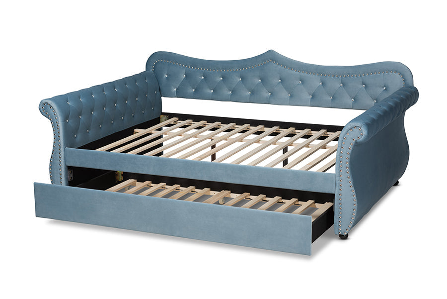 Baxton Studio Abbie Traditional and Transitional Light Blue Velvet Fabric Upholstered and Crystal Tufted Queen Size Daybed with Trundle
