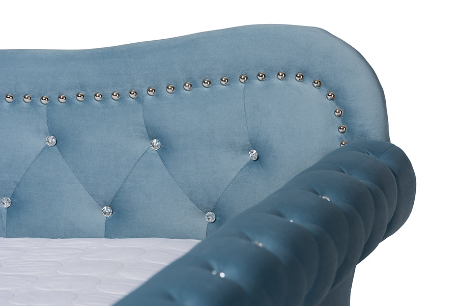 Baxton Studio Abbie Traditional and Transitional Light Blue Velvet Fabric Upholstered and Crystal Tufted Queen Size Daybed with Trundle