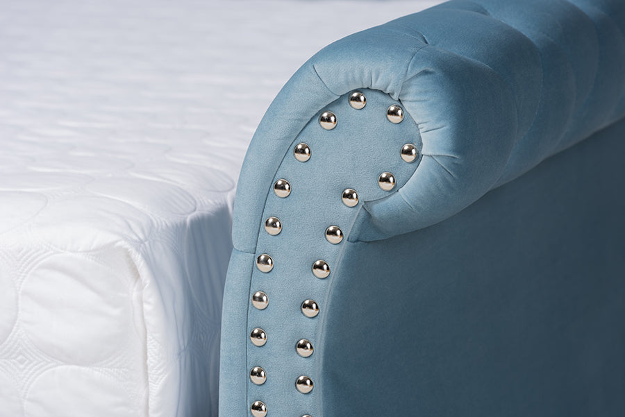 Baxton Studio Abbie Traditional and Transitional Light Blue Velvet Fabric Upholstered and Crystal Tufted Queen Size Daybed with Trundle