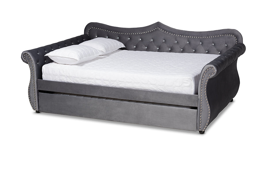 Baxton Studio Abbie Traditional and Transitional Grey Velvet Fabric Upholstered and Crystal Tufted Full Size Daybed with Trundle