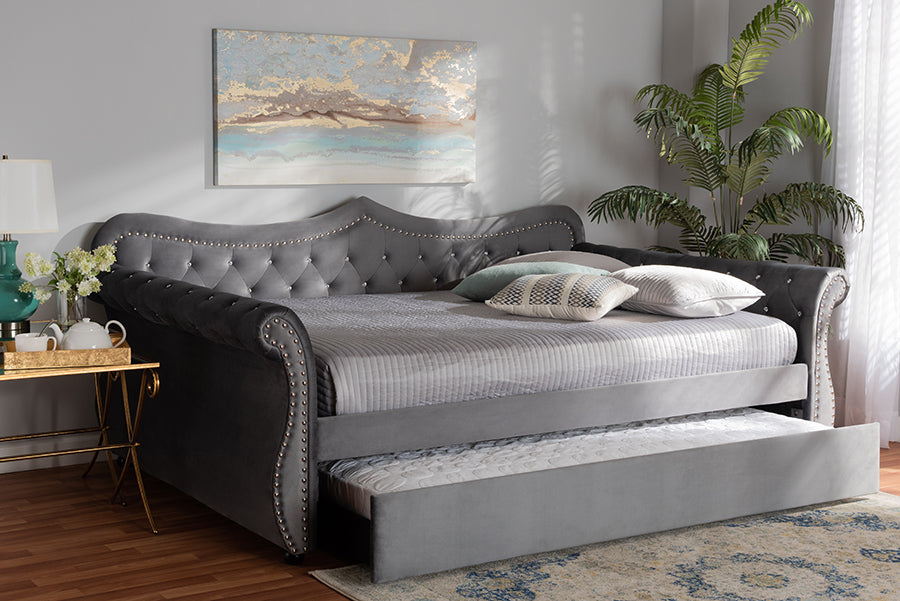 Baxton Studio Abbie Traditional and Transitional Grey Velvet Fabric Upholstered and Crystal Tufted Full Size Daybed with Trundle
