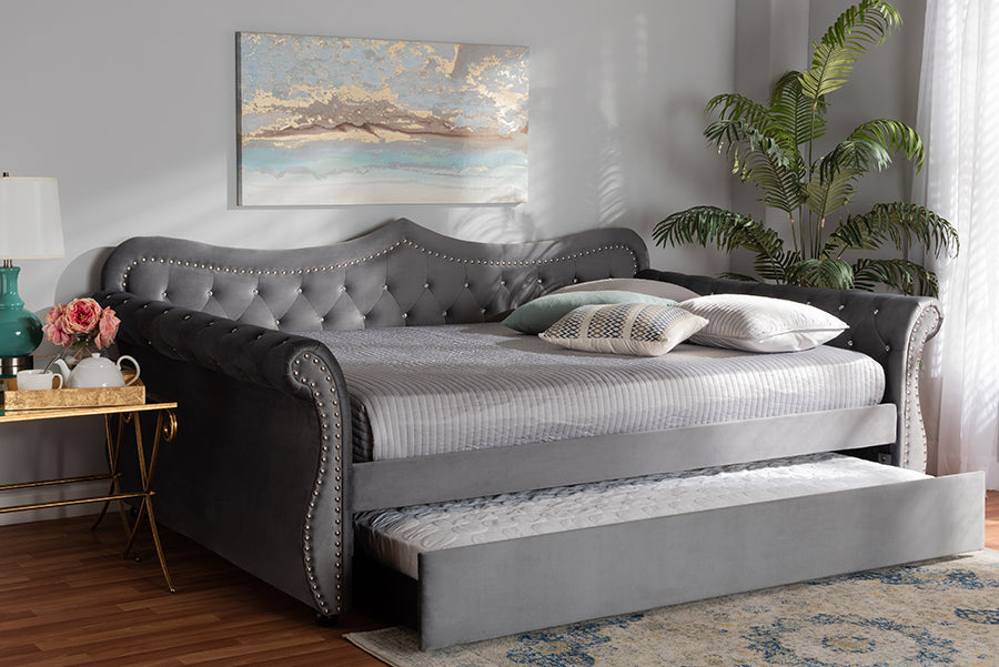 Baxton Studio Abbie Traditional and Transitional Grey Velvet Fabric Upholstered and Crystal Tufted Full Size Daybed with Trundle