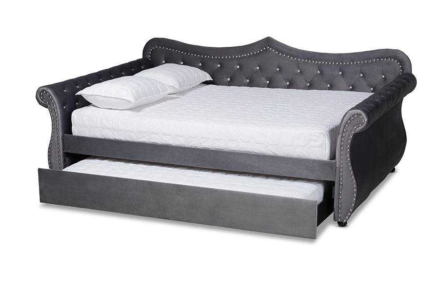 Baxton Studio Abbie Traditional and Transitional Grey Velvet Fabric Upholstered and Crystal Tufted Full Size Daybed with Trundle