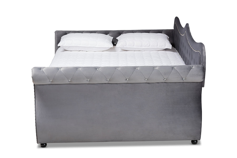 Baxton Studio Abbie Traditional and Transitional Grey Velvet Fabric Upholstered and Crystal Tufted Queen Size Daybed with Trundle