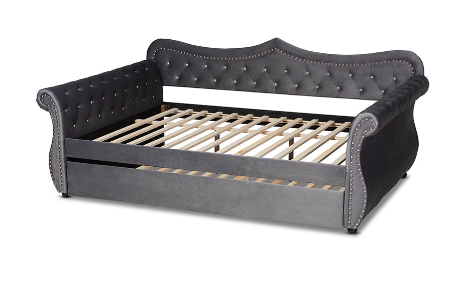 Baxton Studio Abbie Traditional and Transitional Grey Velvet Fabric Upholstered and Crystal Tufted Full Size Daybed with Trundle