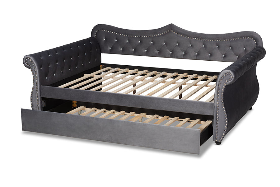 Baxton Studio Abbie Traditional and Transitional Grey Velvet Fabric Upholstered and Crystal Tufted Full Size Daybed with Trundle