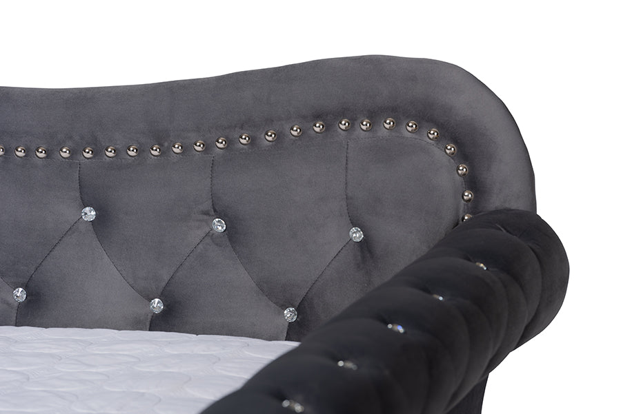 Baxton Studio Abbie Traditional and Transitional Grey Velvet Fabric Upholstered and Crystal Tufted Full Size Daybed with Trundle