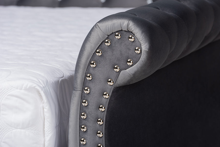 Baxton Studio Abbie Traditional and Transitional Grey Velvet Fabric Upholstered and Crystal Tufted Full Size Daybed with Trundle
