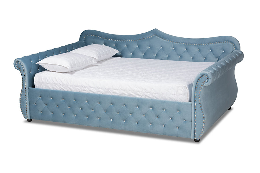 Baxton Studio Abbie Traditional and Transitional Light Blue Velvet Fabric Upholstered and Crystal Tufted Queen Size Daybed