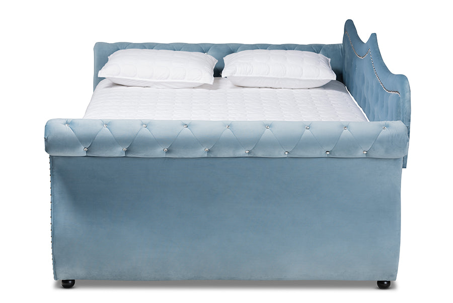 Baxton Studio Abbie Traditional and Transitional Light Blue Velvet Fabric Upholstered and Crystal Tufted Queen Size Daybed