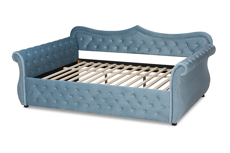 Baxton Studio Abbie Traditional and Transitional Light Blue Velvet Fabric Upholstered and Crystal Tufted Queen Size Daybed