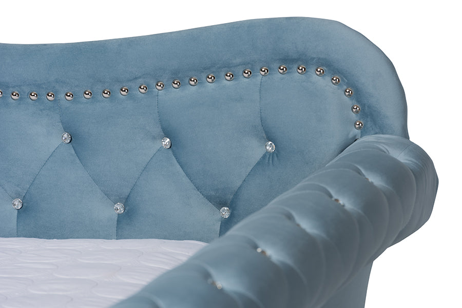 Baxton Studio Abbie Traditional and Transitional Light Blue Velvet Fabric Upholstered and Crystal Tufted Queen Size Daybed