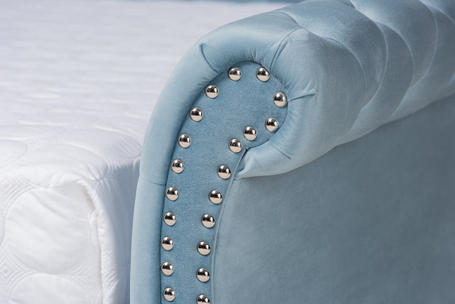 Baxton Studio Abbie Traditional and Transitional Light Blue Velvet Fabric Upholstered and Crystal Tufted Queen Size Daybed