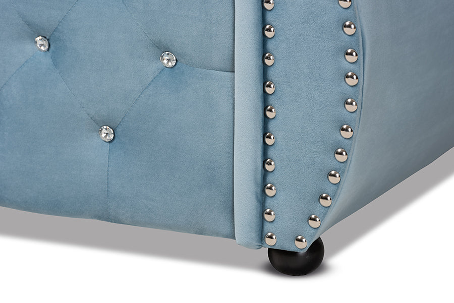 Baxton Studio Abbie Traditional and Transitional Light Blue Velvet Fabric Upholstered and Crystal Tufted Queen Size Daybed