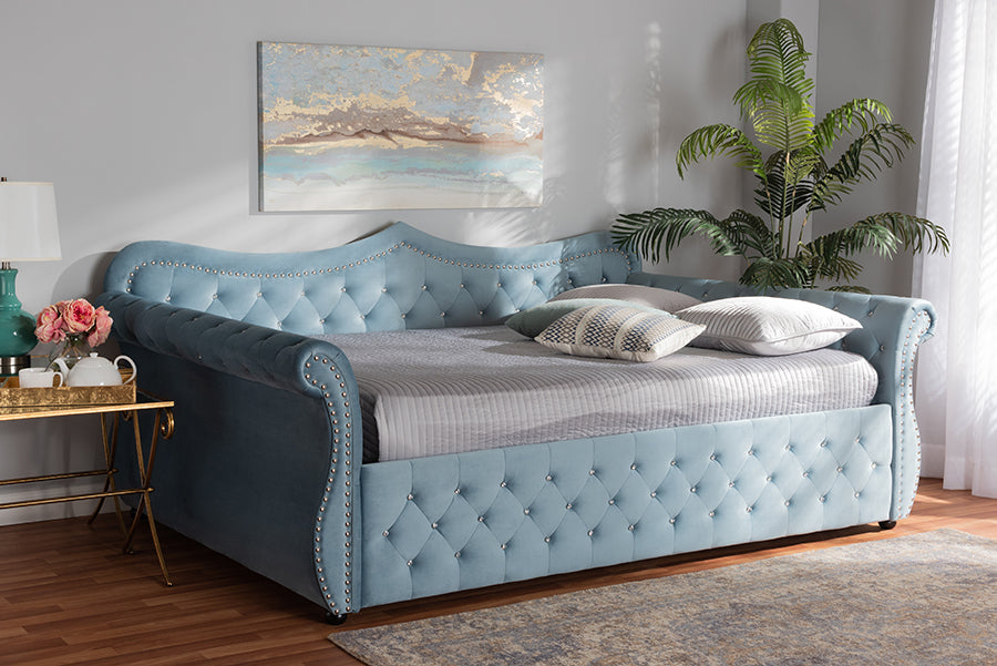 Baxton Studio Abbie Traditional and Transitional Light Blue Velvet Fabric Upholstered and Crystal Tufted Full Size Daybed