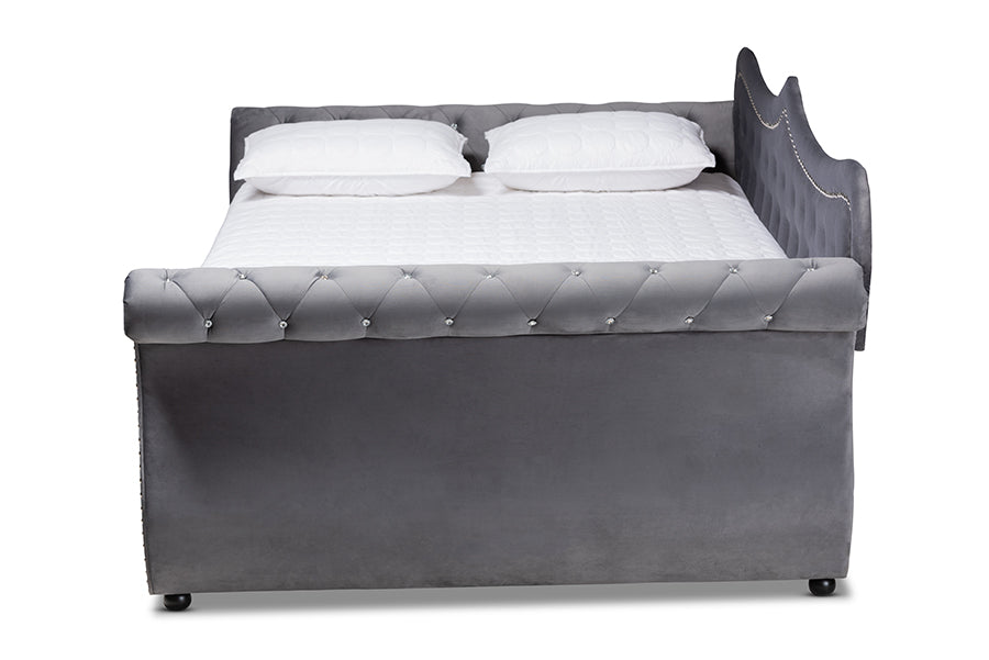 Baxton Studio Abbie Traditional and Transitional Grey Velvet Fabric Upholstered and Crystal Tufted Full Size Daybed