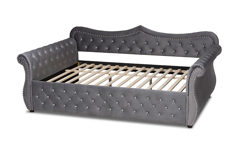 Baxton Studio Abbie Traditional and Transitional Grey Velvet Fabric Upholstered and Crystal Tufted Queen Size Daybed