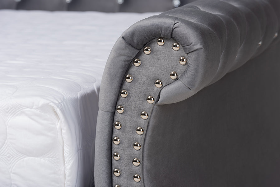 Baxton Studio Abbie Traditional and Transitional Grey Velvet Fabric Upholstered and Crystal Tufted Queen Size Daybed