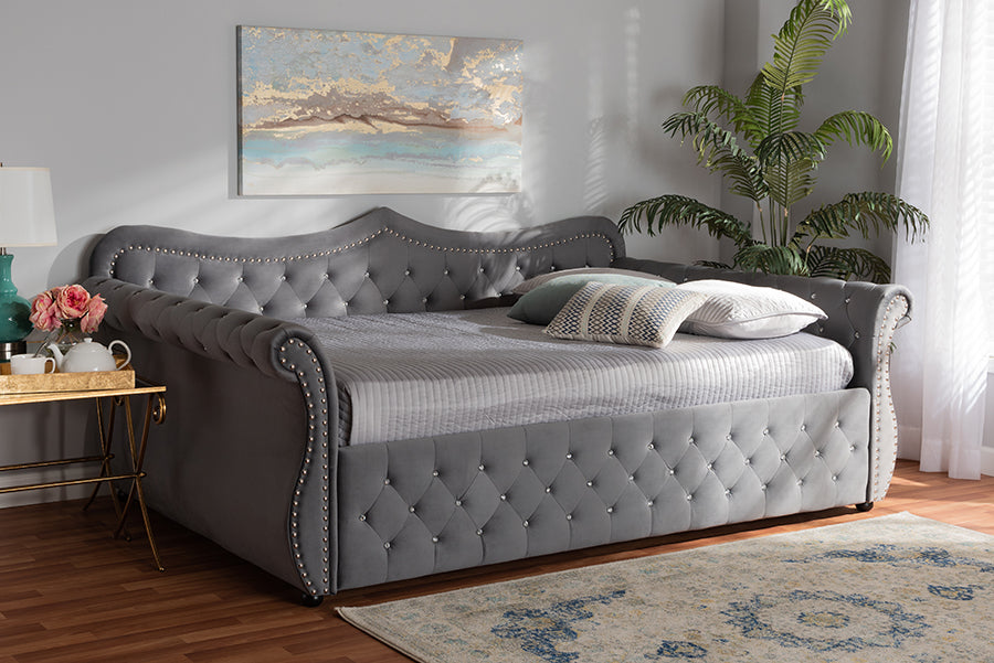 Baxton Studio Abbie Traditional and Transitional Grey Velvet Fabric Upholstered and Crystal Tufted Queen Size Daybed
