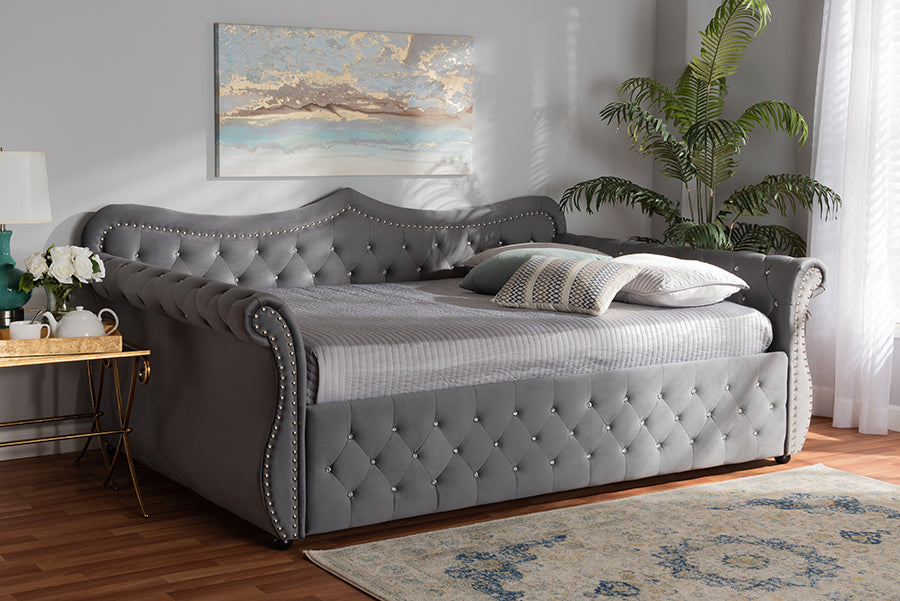 Baxton Studio Abbie Traditional and Transitional Grey Velvet Fabric Upholstered and Crystal Tufted Queen Size Daybed