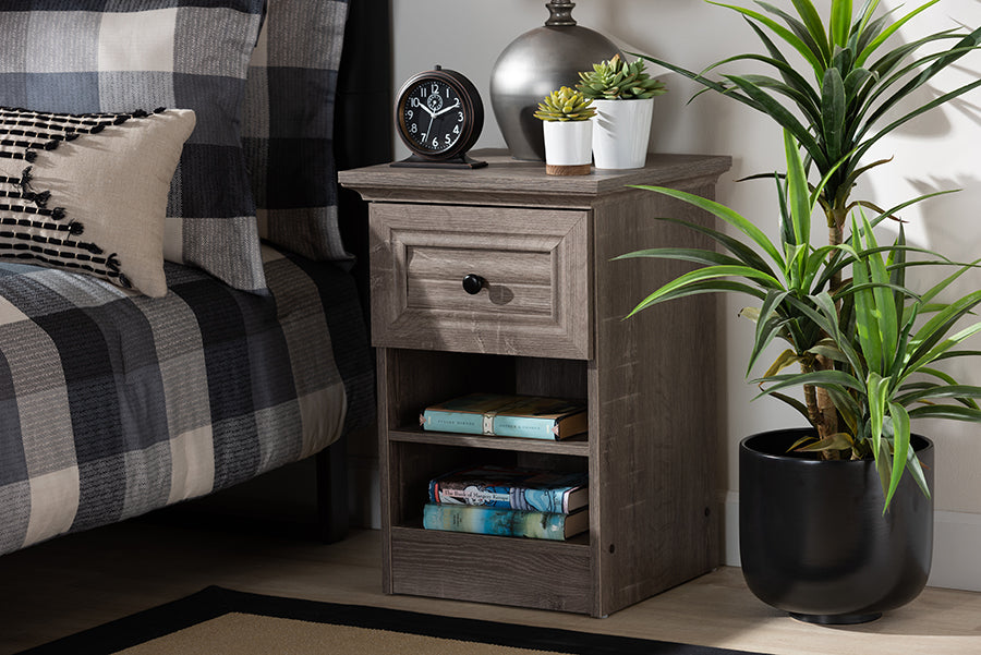 Baxton Studio Dara Traditional Transitional Grey Brown Oak Finished 1-Drawer Wood Nightstand