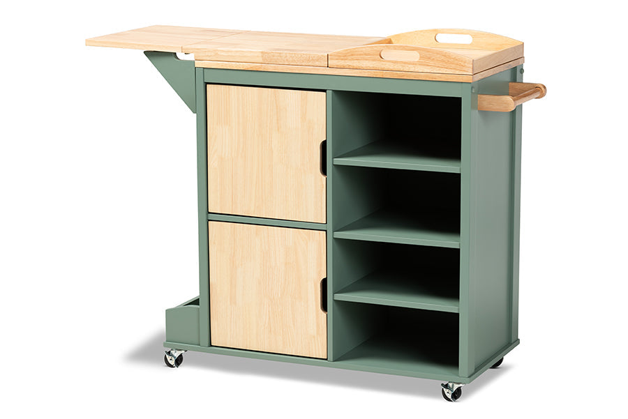 Baxton Studio Dorthy Coastal and Farmhouse Two-tone Dark Green and Natural Wood Kitchen Storage Cart