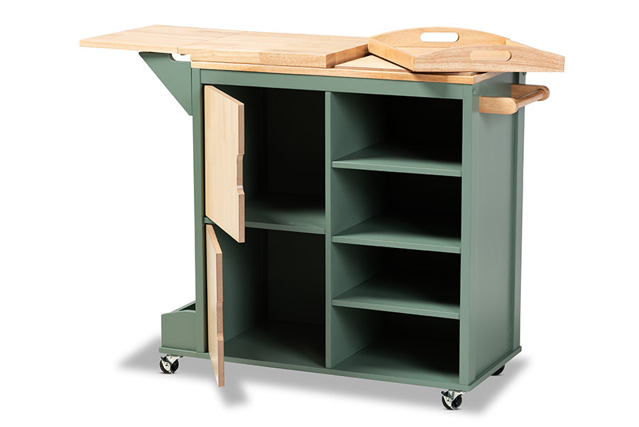 Baxton Studio Dorthy Coastal and Farmhouse Two-tone Dark Green and Natural Wood Kitchen Storage Cart