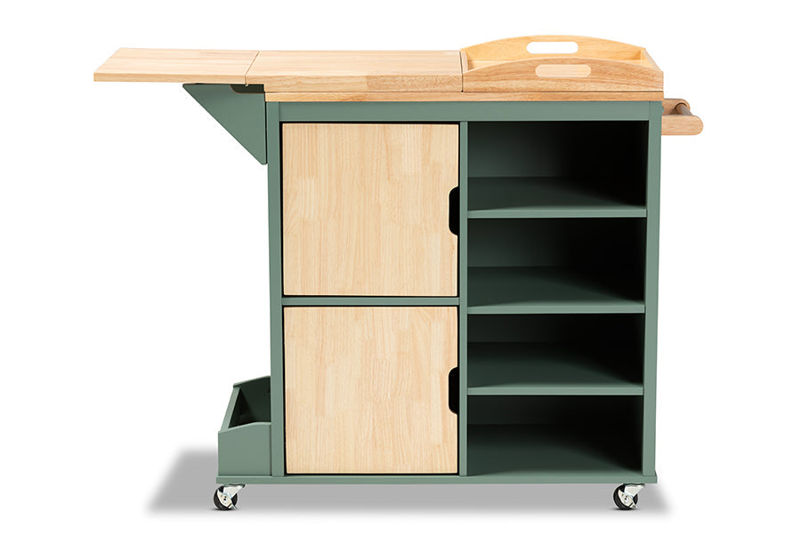 Baxton Studio Dorthy Coastal and Farmhouse Two-tone Dark Green and Natural Wood Kitchen Storage Cart