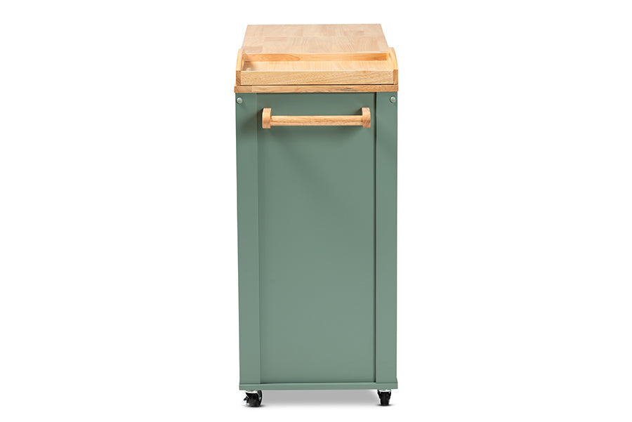 Baxton Studio Dorthy Coastal and Farmhouse Two-tone Dark Green and Natural Wood Kitchen Storage Cart