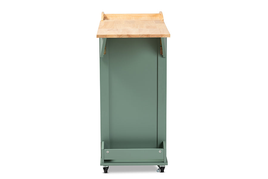 Baxton Studio Dorthy Coastal and Farmhouse Two-tone Dark Green and Natural Wood Kitchen Storage Cart