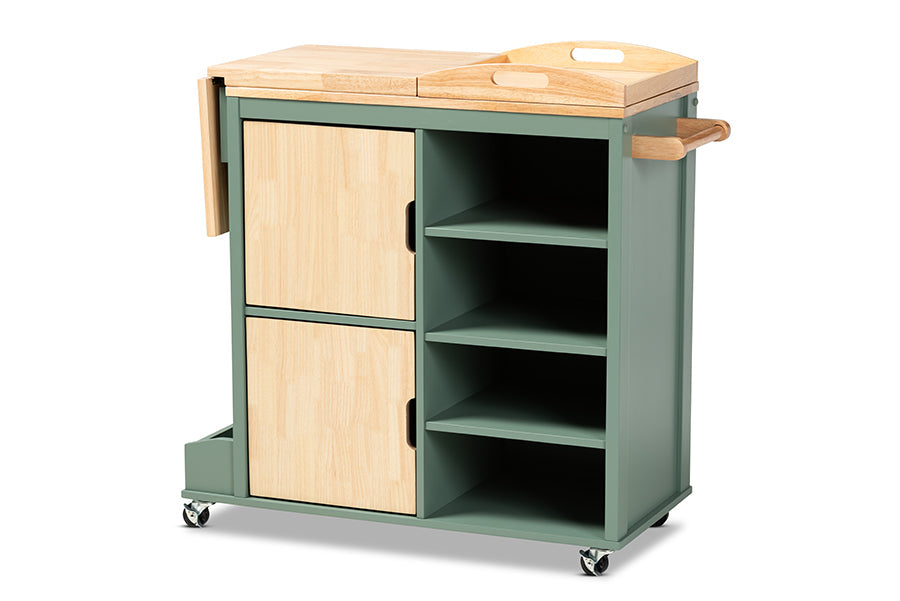 Baxton Studio Dorthy Coastal and Farmhouse Two-tone Dark Green and Natural Wood Kitchen Storage Cart