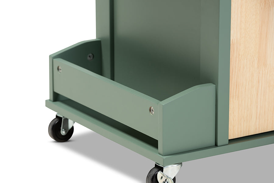 Baxton Studio Dorthy Coastal and Farmhouse Two-tone Dark Green and Natural Wood Kitchen Storage Cart
