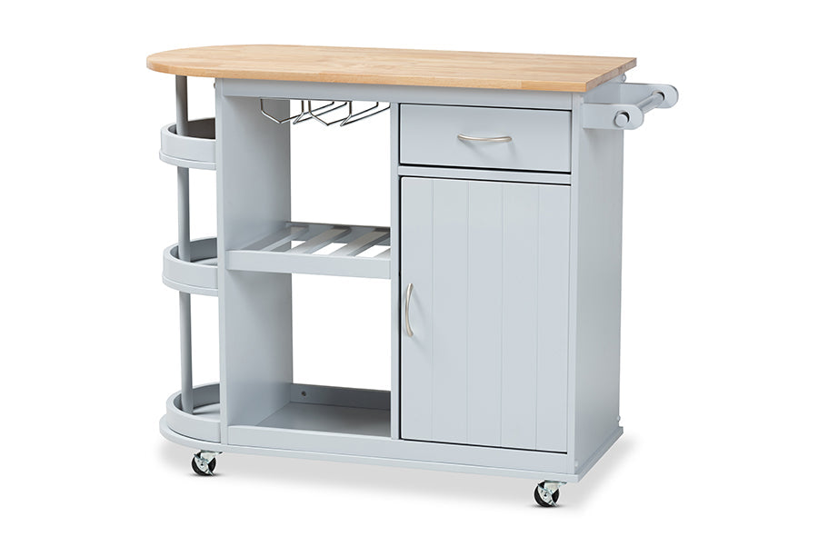 Baxton Studio Donnie Coastal and Farmhouse Two-Tone Light Grey and Natural Finished Wood Kitchen Storage Cart