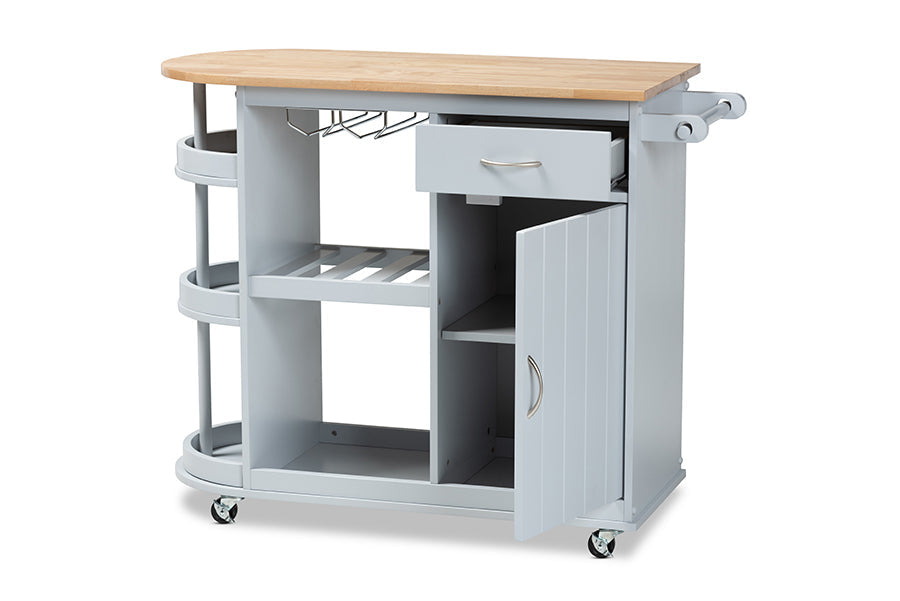 Baxton Studio Donnie Coastal and Farmhouse Two-Tone Light Grey and Natural Finished Wood Kitchen Storage Cart