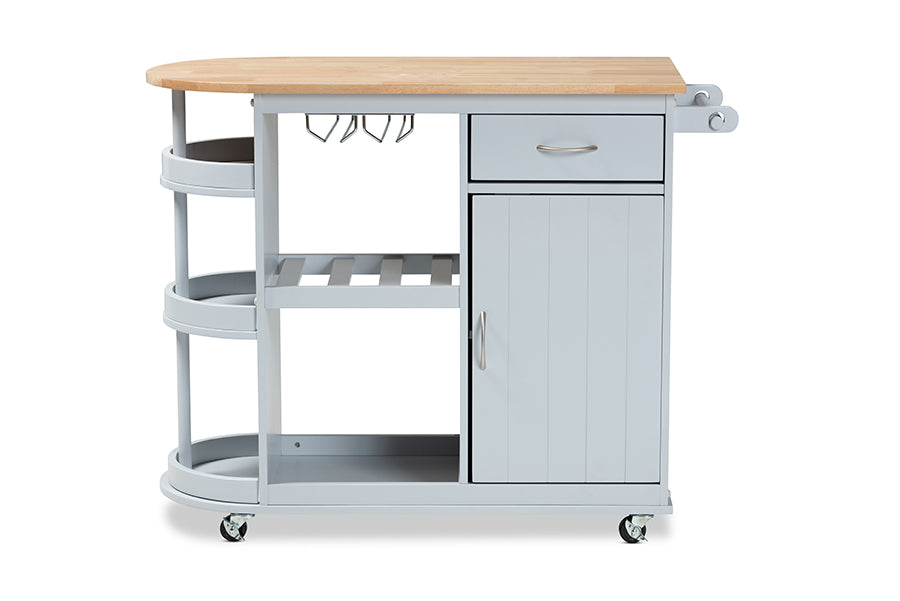 Baxton Studio Donnie Coastal and Farmhouse Two-Tone Light Grey and Natural Finished Wood Kitchen Storage Cart