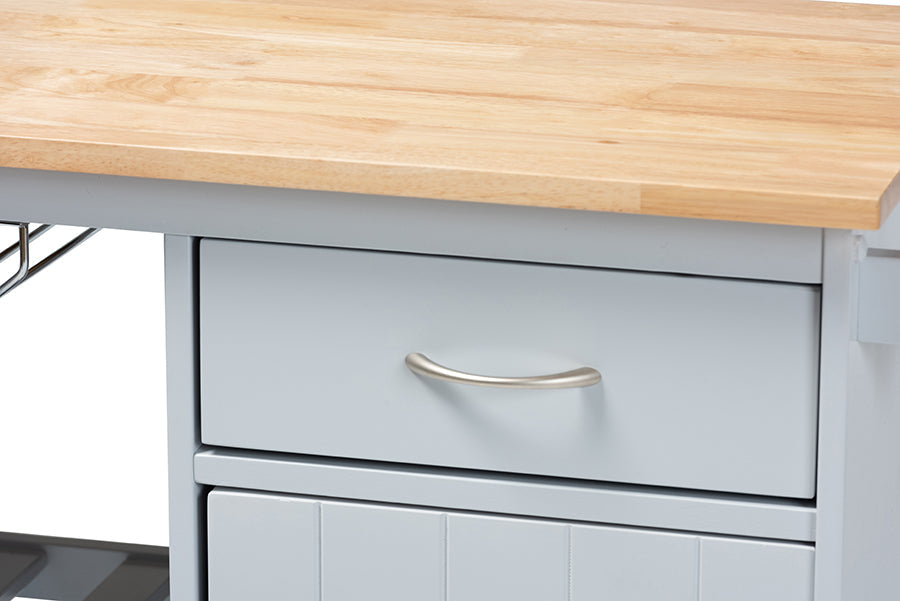 Baxton Studio Donnie Coastal and Farmhouse Two-Tone Light Grey and Natural Finished Wood Kitchen Storage Cart