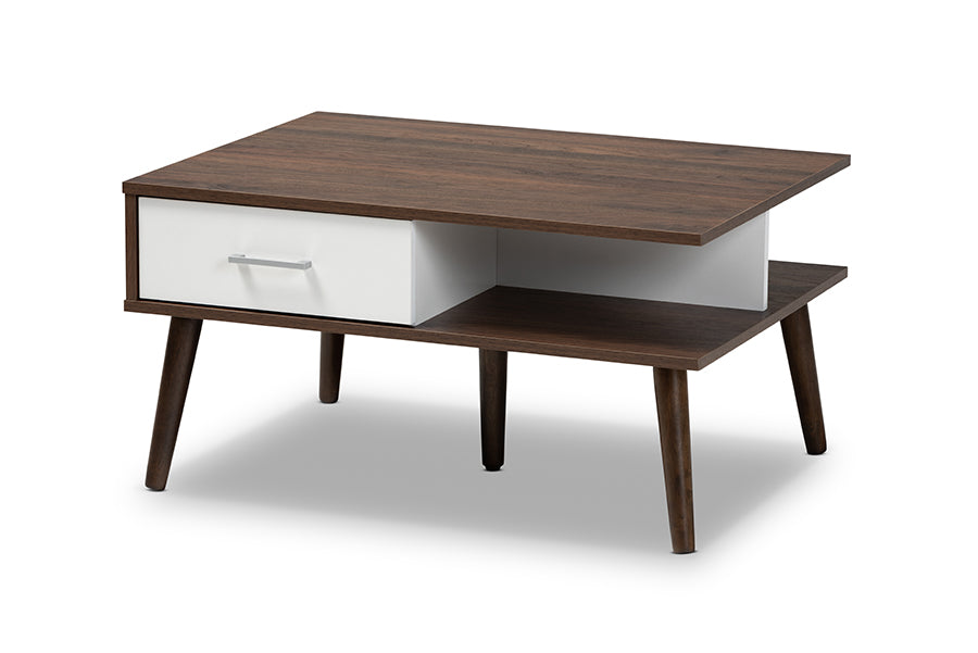 Baxton Studio Merlin Mid-Century Modern Two-Tone Walnut and White Finished 2-Drawer Wood Coffee Table