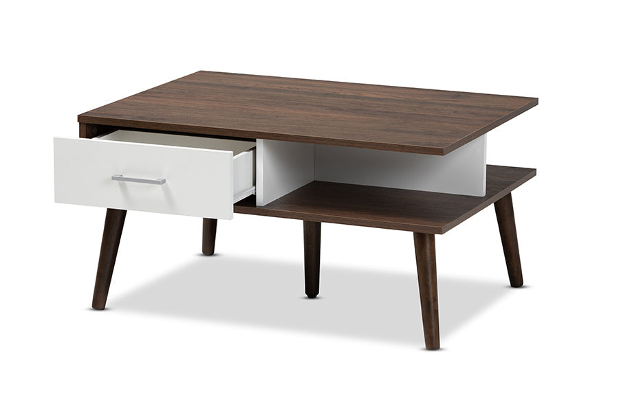Baxton Studio Merlin Mid-Century Modern Two-Tone Walnut and White Finished 2-Drawer Wood Coffee Table
