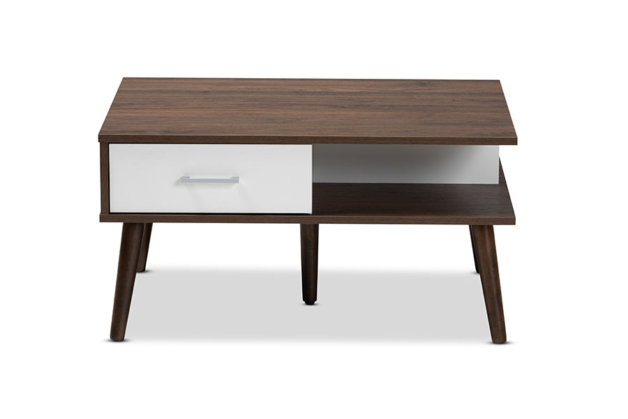 Baxton Studio Merlin Mid-Century Modern Two-Tone Walnut and White Finished 2-Drawer Wood Coffee Table