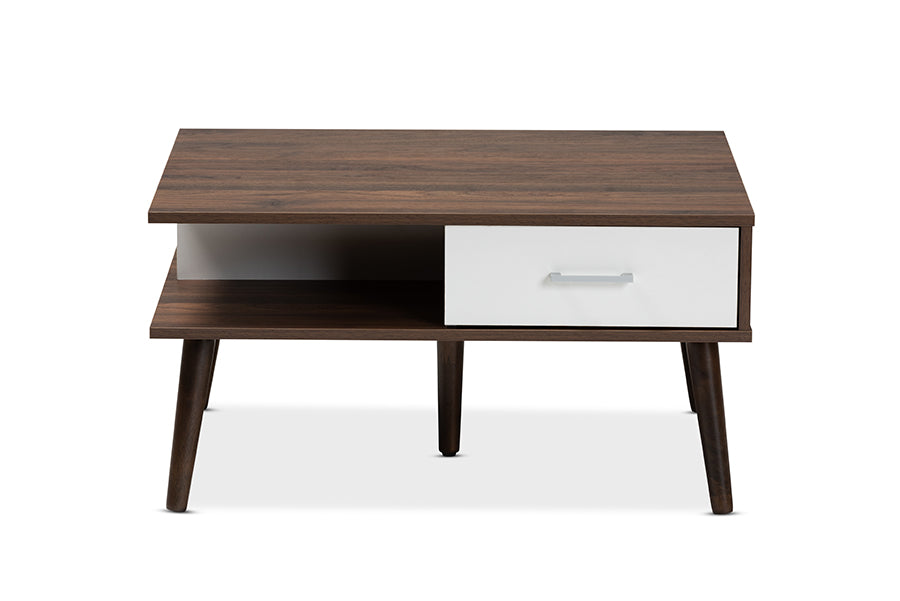 Baxton Studio Merlin Mid-Century Modern Two-Tone Walnut and White Finished 2-Drawer Wood Coffee Table