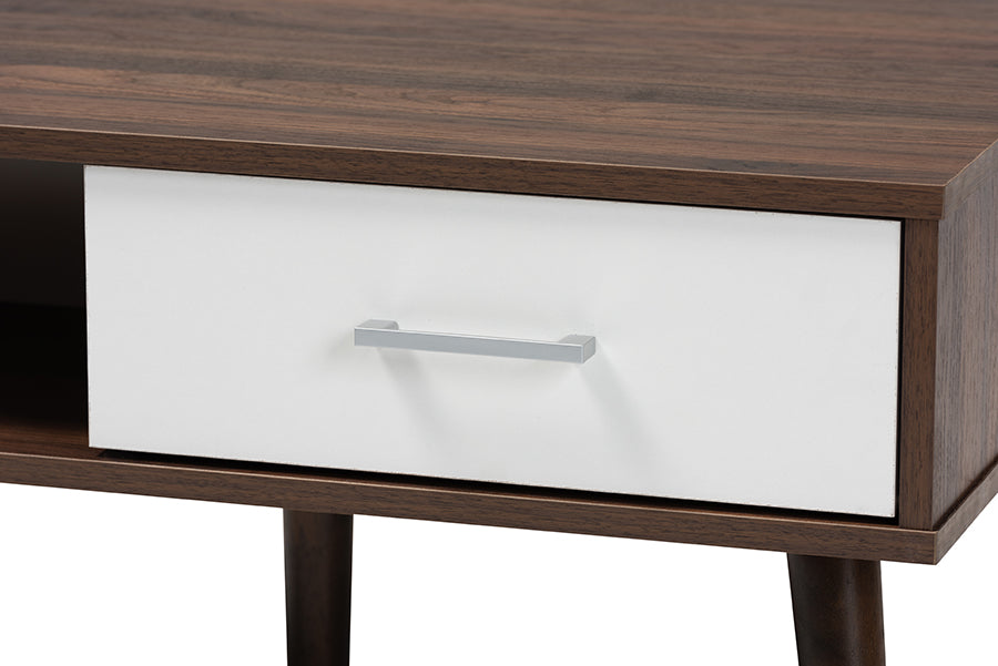 Baxton Studio Merlin Mid-Century Modern Two-Tone Walnut and White Finished 2-Drawer Wood Coffee Table