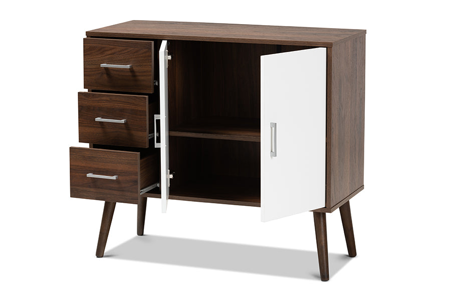 Baxton Studio Leena Mid-Century Modern Two-Tone White and Walnut Brown Finished Wood 3-Drawer Sideboard Buffet