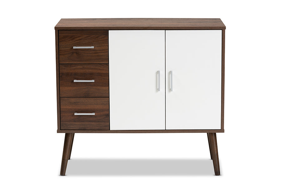 Baxton Studio Leena Mid-Century Modern Two-Tone White and Walnut Brown Finished Wood 3-Drawer Sideboard Buffet