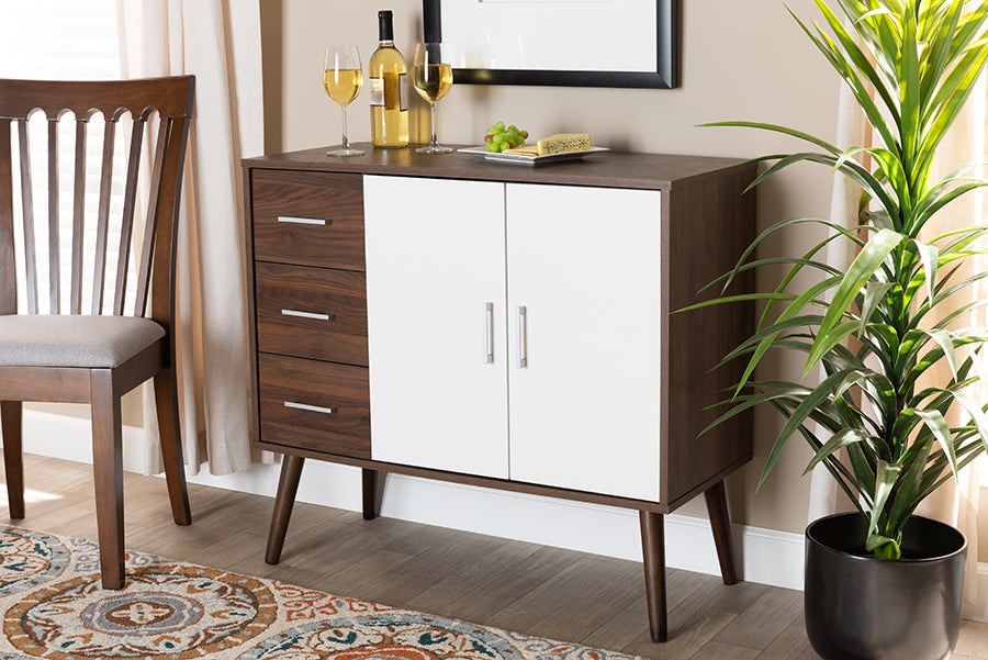 Baxton Studio Leena Mid-Century Modern Two-Tone White and Walnut Brown Finished Wood 3-Drawer Sideboard Buffet